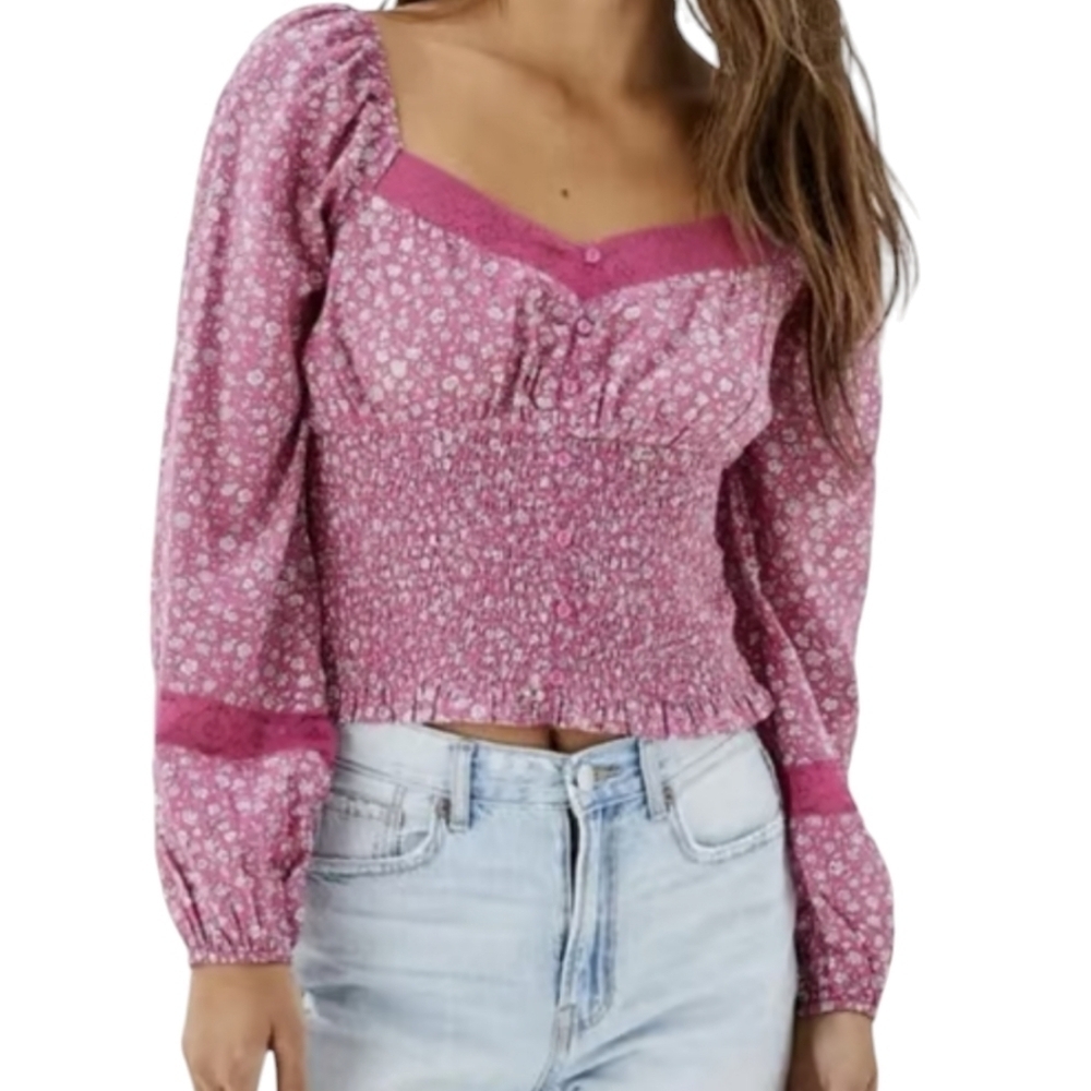 American Eagle Women's Pink Smocked Romantic Long Sleeve Top XL